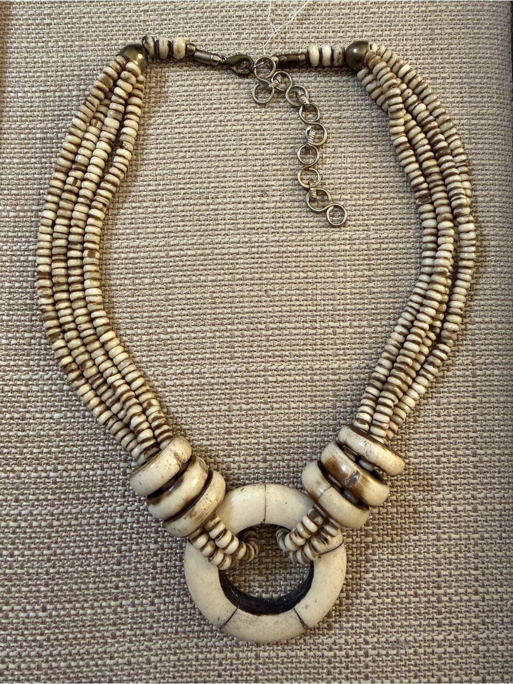 Beaded Cream Multi-Strand Statement Necklace with Circular Pendant